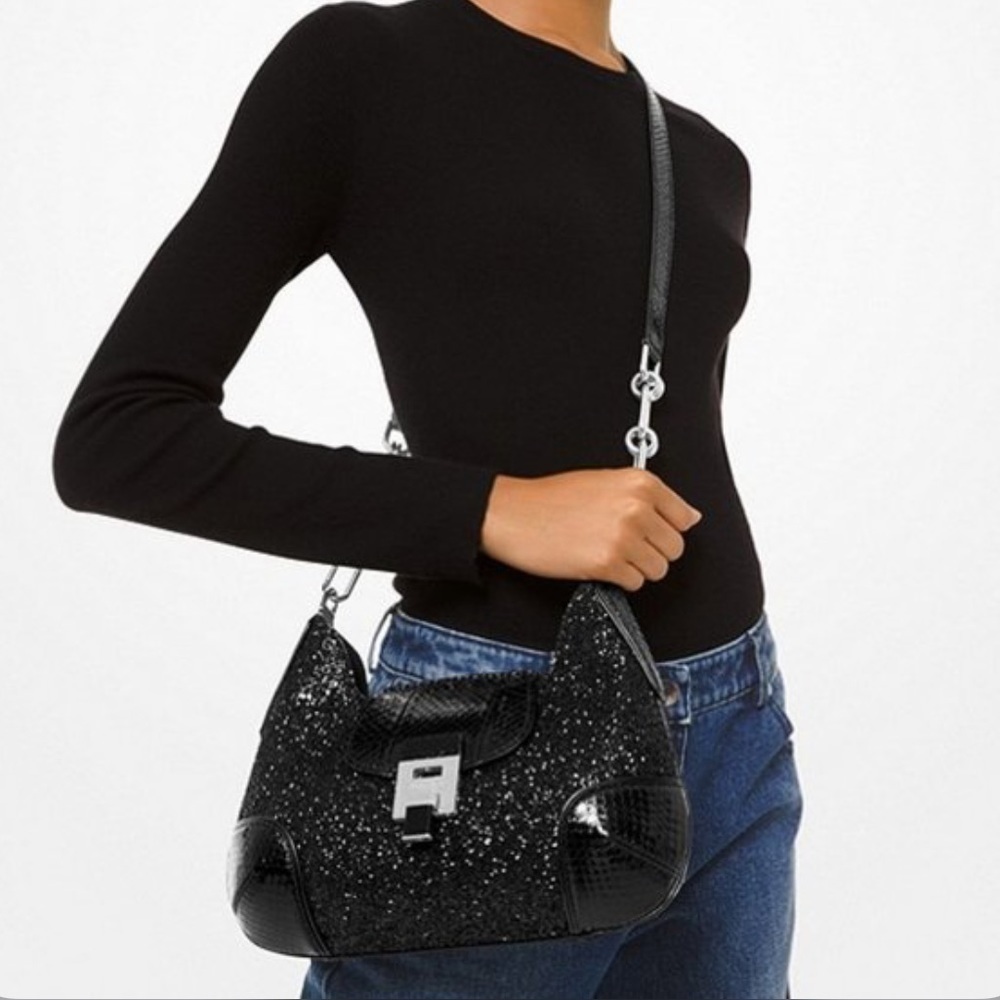 Michael Kors Collection Bancroft Medium Glitter and Snakeskin Shoulder Bag - Picture 2 of 15